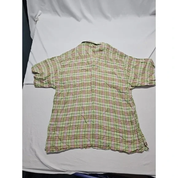 Vtg Burberry Men's Short Sleeve Linen Button Up Green Beige Check USA Made Sz XL - Picture 11 of 13